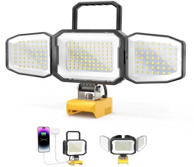 Main image of LED Work Light Compatible with DeWalt 20V Battery, 150W 15000LM Flood Light, 6500K Daylight 3-Head Adjustable, USB Type-C&2 Brightness Modes Portable Flashlight Job Site Light (Tool Only)