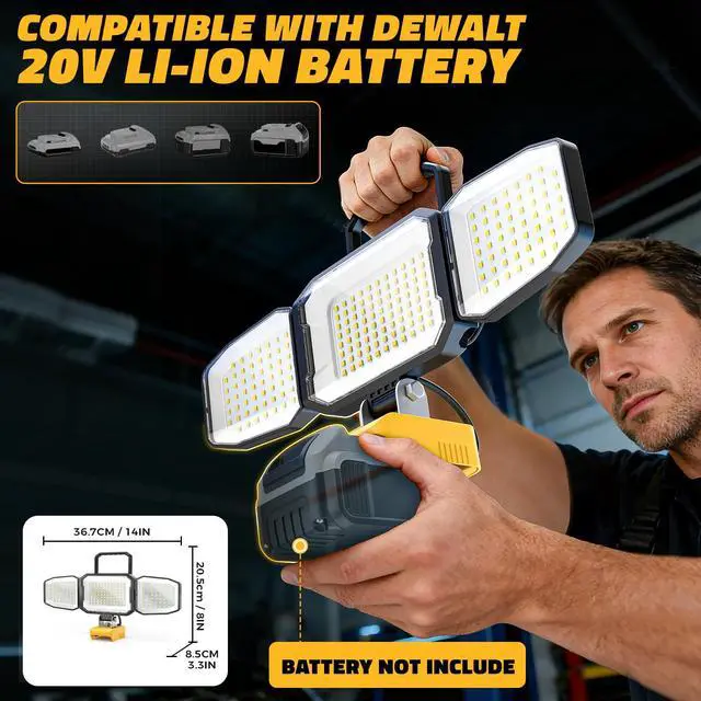 Alt view image 2 of 7 - LED Work Light Compatible with DeWalt 20V Battery, 150W 15000LM Flood Light, 6500K Daylight 3-Head Adjustable, USB Type-C&2 Brightness Modes Portable Flashlight Job Site Light (Tool Only)