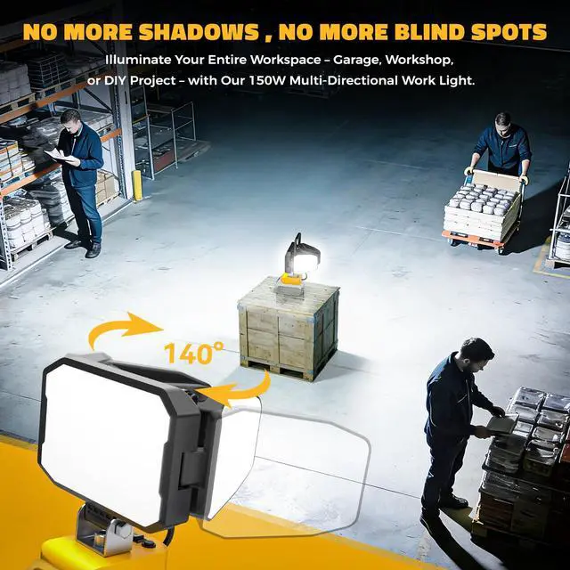 Alt view image 4 of 7 - LED Work Light Compatible with DeWalt 20V Battery, 150W 15000LM Flood Light, 6500K Daylight 3-Head Adjustable, USB Type-C&2 Brightness Modes Portable Flashlight Job Site Light (Tool Only)