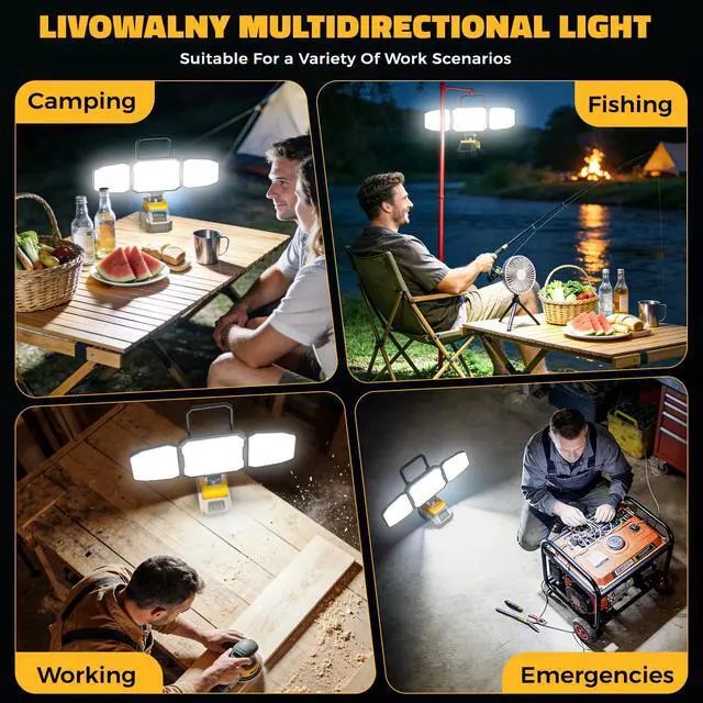 Alt view image 7 of 7 - LED Work Light Compatible with DeWalt 20V Battery, 150W 15000LM Flood Light, 6500K Daylight 3-Head Adjustable, USB Type-C&2 Brightness Modes Portable Flashlight Job Site Light (Tool Only)