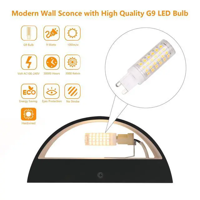 Alt view image 3 of 7 - Black Modern LED Wall Sconce Indoor Wall Lights 1 Pack Hardwired Up and Down Wall Mount Light for Living Room Bedroom Hallway Corridor Conservatory Warm White 3000K(with G9 Bulbs)