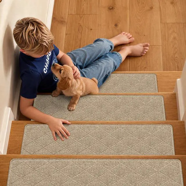 Alt view image 2 of 7 - 15 Pcs Stair Treads Non-Slip for Wooden Steps, 8"x30" Beige | Indoor Stair Runner for Kids, Elders & Pets, Washable Polyester Carpet Stair Treads with Peel & Stick Reusable TPE Backing