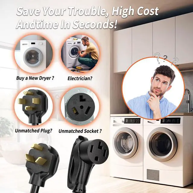 Alt view image 3 of 6 - 1.5FT 4 Prong to 3 Prong Dryer Adapter, NEMA 10-30P to 14-30R | New Clothes Dryer to Old House Receptacle, Dryer Plug Adapter 4 to 3 Prong Outlet, STW 10 AWG, ETL Listed, 30AMP 125V/250V