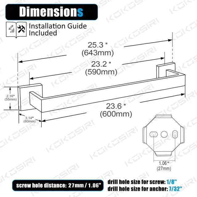Alt view image 2 of 7 - 24-Inch Single Towel Bar, Bathroom Kitchen Towel Holder, Wall Mounted SUS304 Stainless Steel Towel Rack, Matte Black, B4003BK-L24