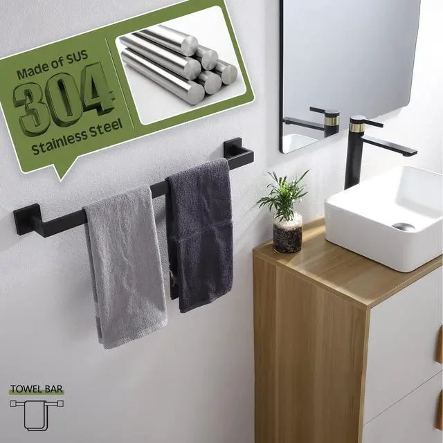 Alt view image 5 of 7 - 24-Inch Single Towel Bar, Bathroom Kitchen Towel Holder, Wall Mounted SUS304 Stainless Steel Towel Rack, Matte Black, B4003BK-L24