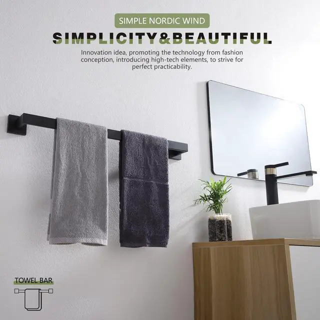 Alt view image 6 of 7 - 24-Inch Single Towel Bar, Bathroom Kitchen Towel Holder, Wall Mounted SUS304 Stainless Steel Towel Rack, Matte Black, B4003BK-L24
