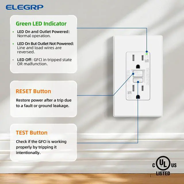 Alt view image 4 of 7 - GFCI Outlet Outdoor, 15 Amp Self-Test GFI Electrical Outlet with Thinner Design, Weather & Tamper Resistant GFCI Receptacle, Ground Fault Receptacle w/Wall Plate, UL Listed, Matte White, 1 Pack