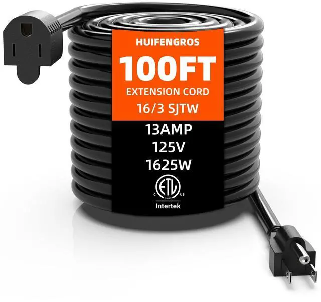 Main image of 100 FT Outdoor Extension Cord | Black Extension Cord Waterproof, 16 Gauge 13Amps 125V, SJTW, ETL Listed, Indoor/Outdoor Use