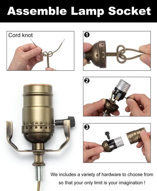 Alt view image 4 of 7 - Lamp Making Kit, Lamp Parts for Repair Replacement or Rewire Table and Floor Lamps, 3 Way Socket 12 Foot Matching Cord and Essential Hardware, DIY Lamp Kits for Do It Yourself (Antique Brass)