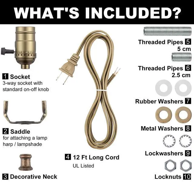Alt view image 2 of 7 - Lamp Making Kit, Lamp Parts for Repair Replacement or Rewire Table and Floor Lamps, 3 Way Socket 12 Foot Matching Cord and Essential Hardware, DIY Lamp Kits for Do It Yourself (Antique Brass)