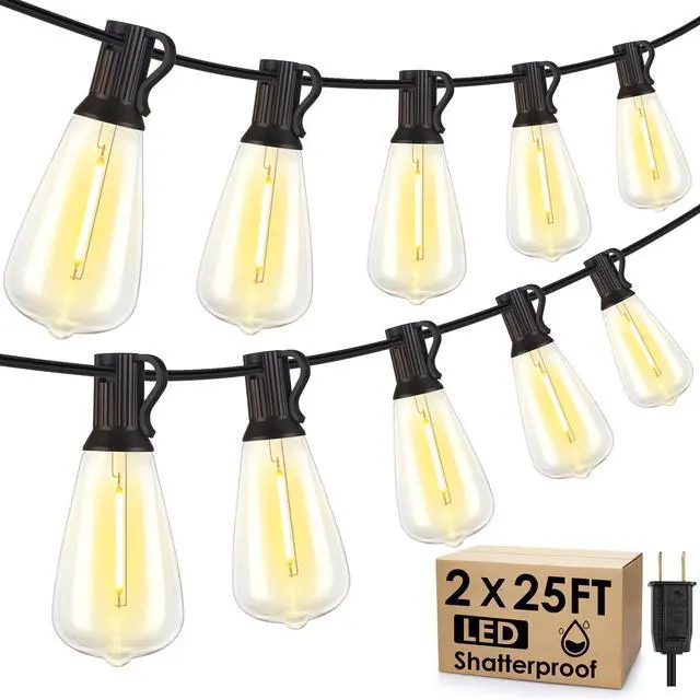 Main image of 50FT(2x25FT) Outdoor String Lights, Patio Lights with 20+2 LED Dimmable Waterproof ST38 Vintage Bulbs for Backyard Bistro Cafe Deck, Black