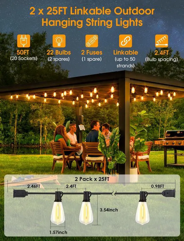 Alt view image 2 of 7 - 50FT(2x25FT) Outdoor String Lights, Patio Lights with 20+2 LED Dimmable Waterproof ST38 Vintage Bulbs for Backyard Bistro Cafe Deck, Black