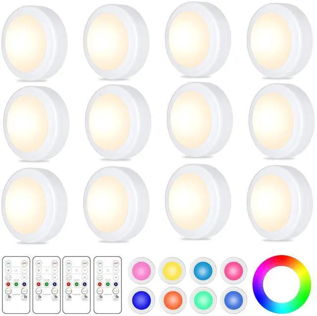Main image of 12 Pack LED Puck Lights Remote Control 16 Color Changeable Under Cabinet Lights, Battery Operated Lights Night Light with Dimmer & Timmer for Closet Bedroom Kitchen, White
