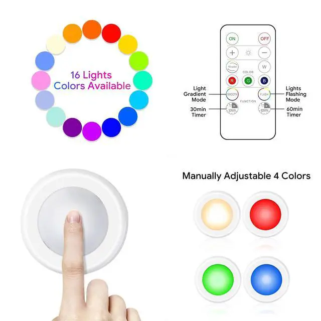 Alt view image 5 of 7 - 12 Pack LED Puck Lights Remote Control 16 Color Changeable Under Cabinet Lights, Battery Operated Lights Night Light with Dimmer & Timmer for Closet Bedroom Kitchen, White