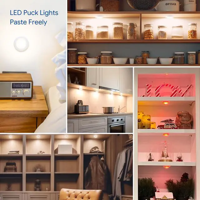 Alt view image 7 of 7 - 12 Pack LED Puck Lights Remote Control 16 Color Changeable Under Cabinet Lights, Battery Operated Lights Night Light with Dimmer & Timmer for Closet Bedroom Kitchen, White