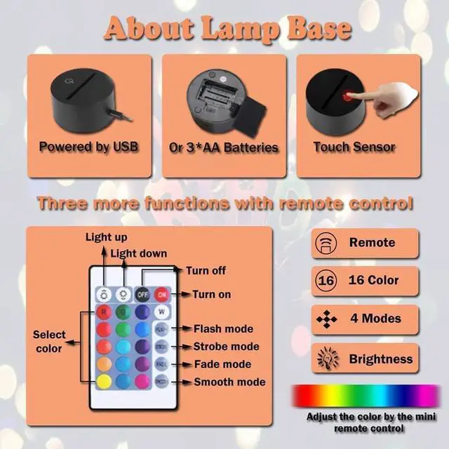 Alt view image 5 of 6 - 3D Illusion Night Light, 16 Color Night Light - 3D LED Intelligent Remote Control Lamp for Children's Room Decoration and Children's Gifts