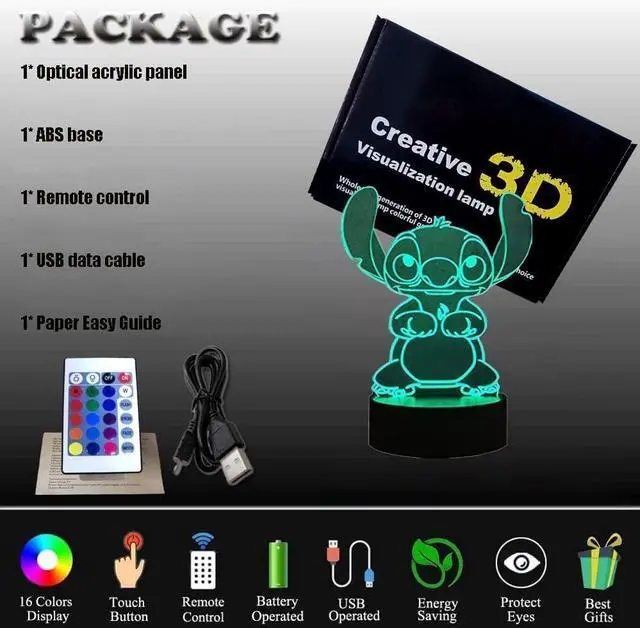 Alt view image 6 of 6 - 3D Illusion Night Light, 16 Color Night Light - 3D LED Intelligent Remote Control Lamp for Children's Room Decoration and Children's Gifts