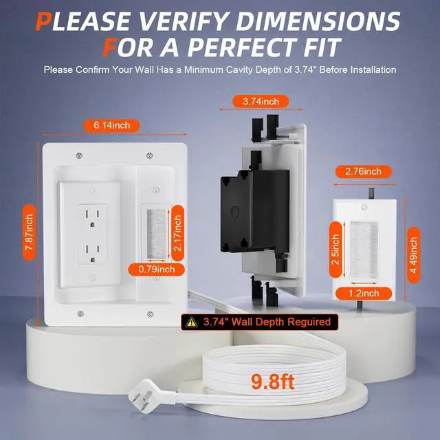 Alt view image 2 of 7 - in Wall Cable Management Kit,TV Cable Hider Wall Kit with Brush Wall Plate and 9.8FT Cord,2 AC Outlets,Recessed Outlet Box for Wall Mount TV Home Theater Setups Cords Organizer