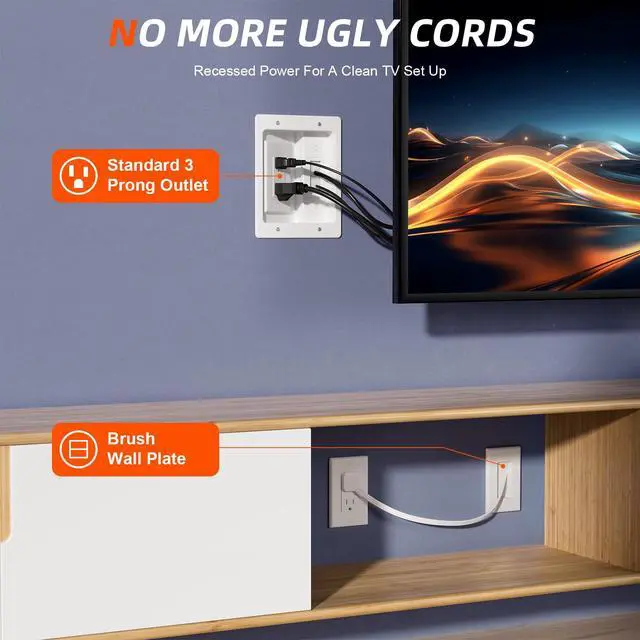 Alt view image 4 of 7 - in Wall Cable Management Kit,TV Cable Hider Wall Kit with Brush Wall Plate and 9.8FT Cord,2 AC Outlets,Recessed Outlet Box for Wall Mount TV Home Theater Setups Cords Organizer