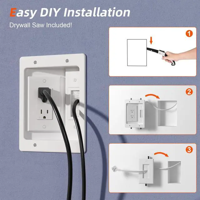 Alt view image 5 of 7 - in Wall Cable Management Kit,TV Cable Hider Wall Kit with Brush Wall Plate and 9.8FT Cord,2 AC Outlets,Recessed Outlet Box for Wall Mount TV Home Theater Setups Cords Organizer
