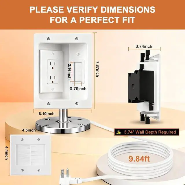 Alt view image 2 of 7 - in Wall Cable Management Kit with Recessed Tv Outlet Box-Two-Hole Socket, 9ft Cord,Tv Cable Hider Wall Kit Hider Box Fits All Plugs, Easy, Safe Cable Management