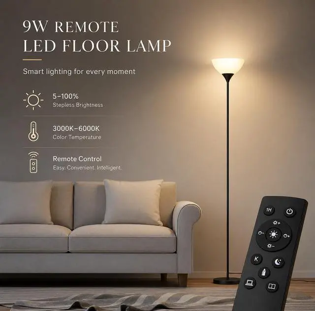 Alt view image 5 of 7 - Floor Lamp, Remote Control with Stepless Color Temperatures and Brightness, Torchiere lamp for Bedroom, Living Room, Bulb Included (Matte Black)