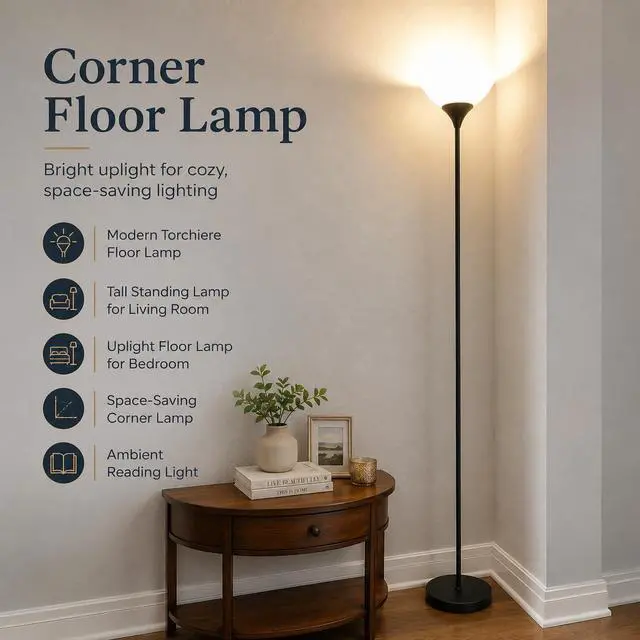 Alt view image 6 of 7 - Floor Lamp, Remote Control with Stepless Color Temperatures and Brightness, Torchiere lamp for Bedroom, Living Room, Bulb Included (Matte Black)