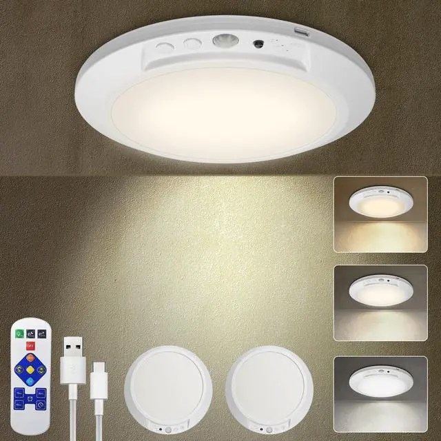 Main image of Motion Sensor Ceiling Light Battery Operated with Remote, 2 Pack Wireless Rechargeable Ceiling Lights Indoor, 3CCT Dimmable Closet Night Light for Shower Stairs Shed Hallway Porch RV and Tent
