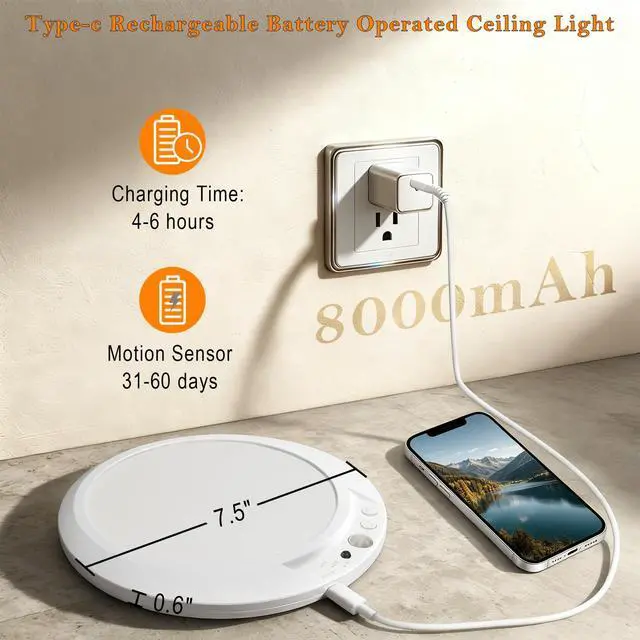 Alt view image 2 of 7 - Motion Sensor Ceiling Light Battery Operated with Remote, 2 Pack Wireless Rechargeable Ceiling Lights Indoor, 3CCT Dimmable Closet Night Light for Shower Stairs Shed Hallway Porch RV and Tent