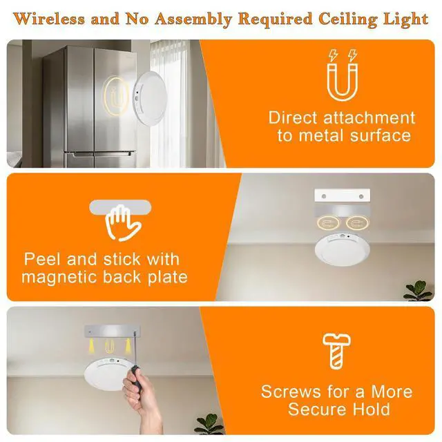 Alt view image 3 of 7 - Motion Sensor Ceiling Light Battery Operated with Remote, 2 Pack Wireless Rechargeable Ceiling Lights Indoor, 3CCT Dimmable Closet Night Light for Shower Stairs Shed Hallway Porch RV and Tent