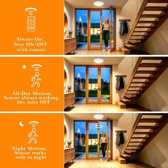 Alt view image 4 of 7 - Motion Sensor Ceiling Light Battery Operated with Remote, 2 Pack Wireless Rechargeable Ceiling Lights Indoor, 3CCT Dimmable Closet Night Light for Shower Stairs Shed Hallway Porch RV and Tent