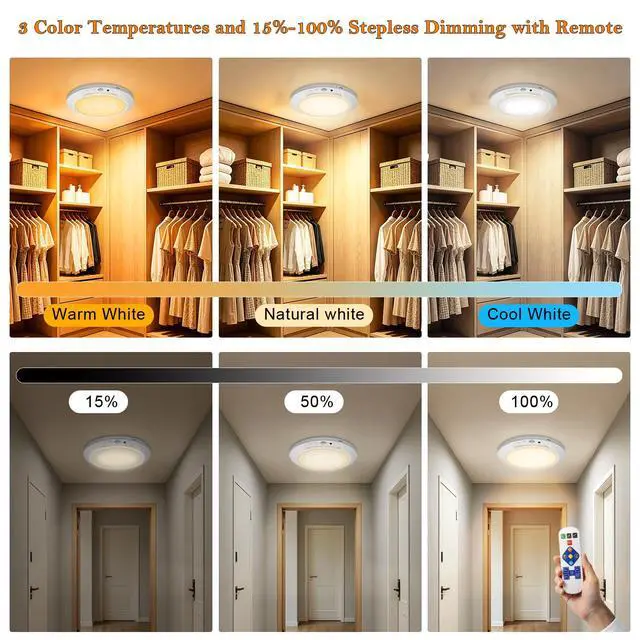 Alt view image 5 of 7 - Motion Sensor Ceiling Light Battery Operated with Remote, 2 Pack Wireless Rechargeable Ceiling Lights Indoor, 3CCT Dimmable Closet Night Light for Shower Stairs Shed Hallway Porch RV and Tent
