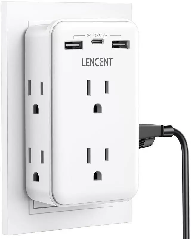 Main image of 2 to 3 Prong Outlet Adapter, 2 Prong Outlet Extender with 6 AC | Sockets 3 USB Ports(1 USB C), 3-Sided Wall Plug Splitter, 1875W Max, Compact Adapter for Non-Grounded Outlets in Old Houses