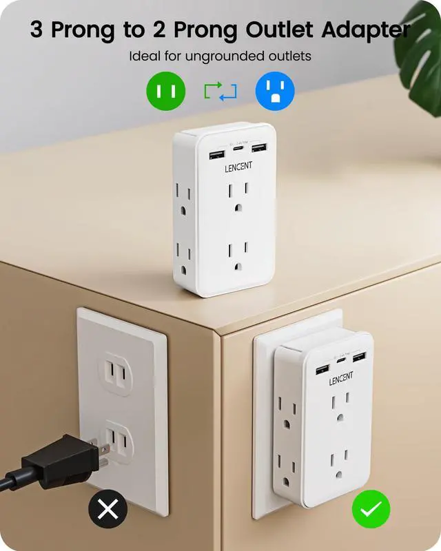 Alt view image 2 of 7 - 2 to 3 Prong Outlet Adapter, 2 Prong Outlet Extender with 6 AC | Sockets 3 USB Ports(1 USB C), 3-Sided Wall Plug Splitter, 1875W Max, Compact Adapter for Non-Grounded Outlets in Old Houses