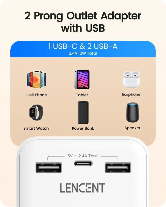 Alt view image 3 of 7 - 2 to 3 Prong Outlet Adapter, 2 Prong Outlet Extender with 6 AC | Sockets 3 USB Ports(1 USB C), 3-Sided Wall Plug Splitter, 1875W Max, Compact Adapter for Non-Grounded Outlets in Old Houses