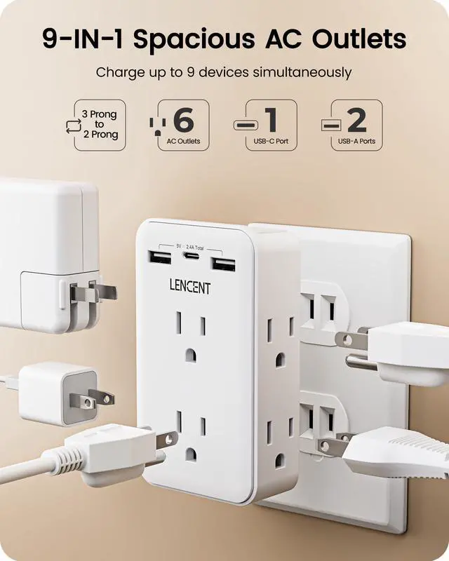 Alt view image 4 of 7 - 2 to 3 Prong Outlet Adapter, 2 Prong Outlet Extender with 6 AC | Sockets 3 USB Ports(1 USB C), 3-Sided Wall Plug Splitter, 1875W Max, Compact Adapter for Non-Grounded Outlets in Old Houses
