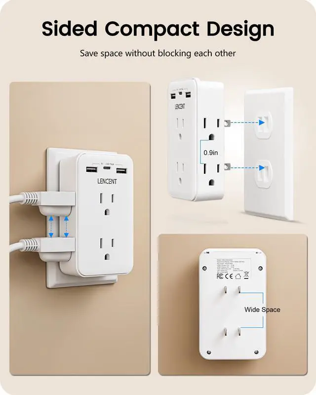 Alt view image 5 of 7 - 2 to 3 Prong Outlet Adapter, 2 Prong Outlet Extender with 6 AC | Sockets 3 USB Ports(1 USB C), 3-Sided Wall Plug Splitter, 1875W Max, Compact Adapter for Non-Grounded Outlets in Old Houses