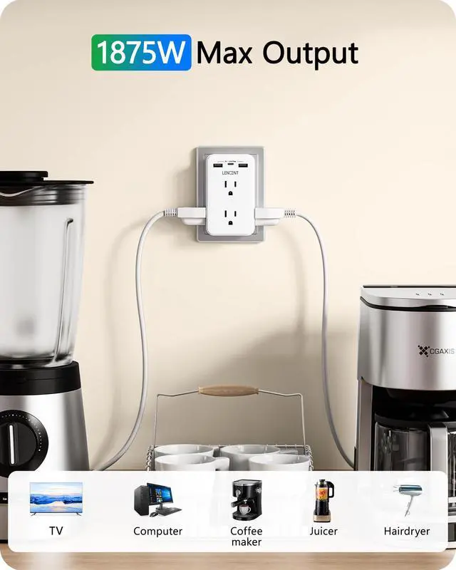 Alt view image 6 of 7 - 2 to 3 Prong Outlet Adapter, 2 Prong Outlet Extender with 6 AC | Sockets 3 USB Ports(1 USB C), 3-Sided Wall Plug Splitter, 1875W Max, Compact Adapter for Non-Grounded Outlets in Old Houses
