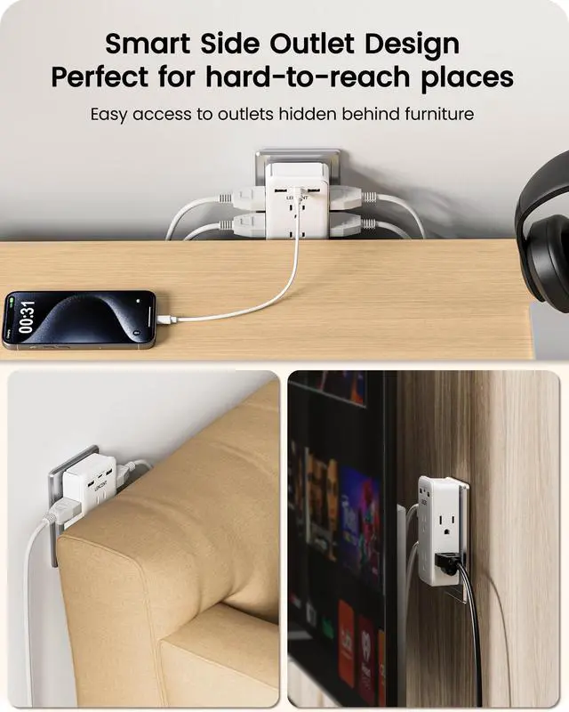 Alt view image 7 of 7 - 2 to 3 Prong Outlet Adapter, 2 Prong Outlet Extender with 6 AC | Sockets 3 USB Ports(1 USB C), 3-Sided Wall Plug Splitter, 1875W Max, Compact Adapter for Non-Grounded Outlets in Old Houses