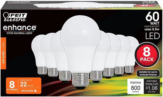 Main image of A19 LED Light Bulbs, 60W Eq, Dimmable, Soft White 8 Pack