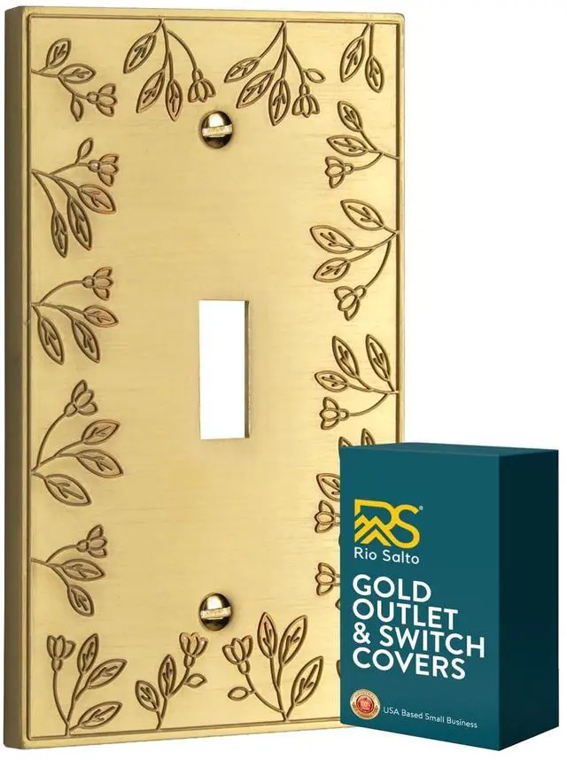 Main image of Gold Light Switch Cover Plate Toggle Brushed Gold Switch Plate Metal Decorative Floral Wall Plates Flip Switch Cover Floral Collection, Midsize 5.00" X 3.13"
