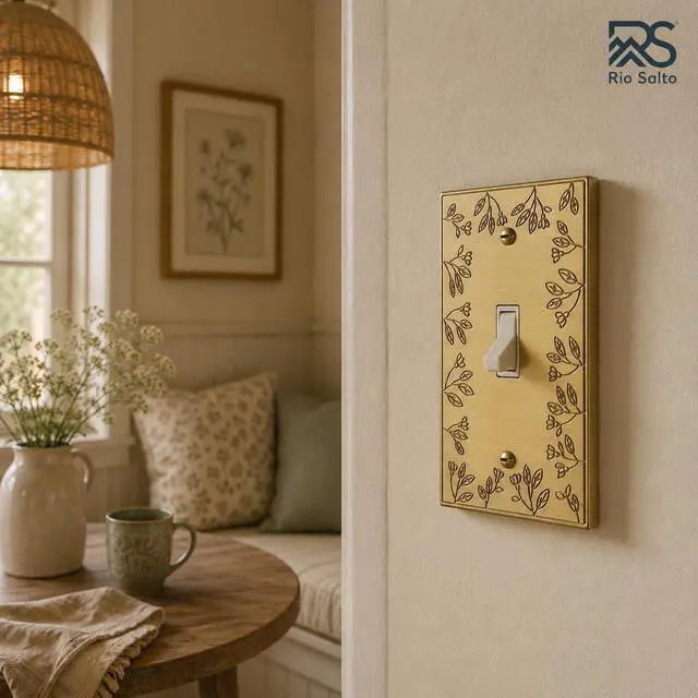 Alt view image 4 of 7 - Gold Light Switch Cover Plate Toggle Brushed Gold Switch Plate Metal Decorative Floral Wall Plates Flip Switch Cover Floral Collection, Midsize 5.00" X 3.13"