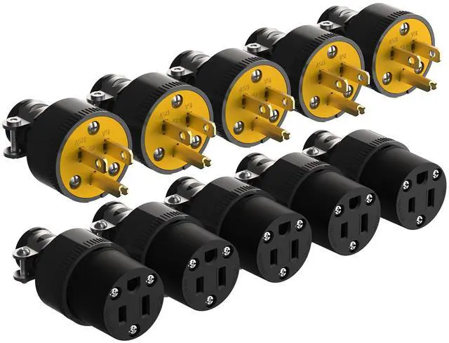 Main image of Electrical Replacement Plug & Connector Set, Extension Cord Ends Male and Female, 15 A 125V 3-Prong Straight Blade Plug Grounding Type, NEMA 5-15P&5-15R, UL Listed, Black, 5Set
