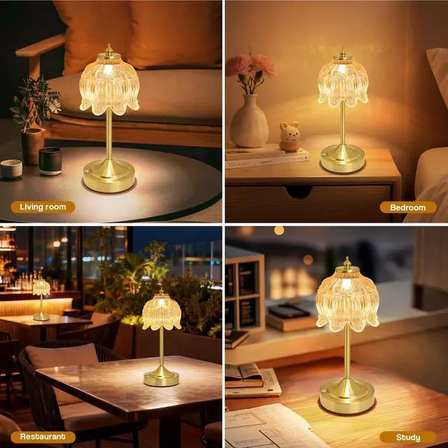 Alt view image 7 of 7 - Cordless Table Lamp, Rechargeable Amber Glass Lotus Flower Lamp | 5200mAh touch lamp with 3 color modes and stepless dimming, battery operated lamp for nightstands and kitchen counters
