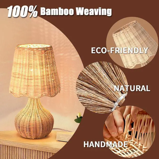 Alt view image 3 of 7 - Rattan Small Bedside Table Lamp for Bedroom, Boho Mini Table Lamps for Nightstand, Farmhouse Small Table Lamps for Small Spaces for Kitchen Counter, Bookshelf, Bedroom, Kids Dorm