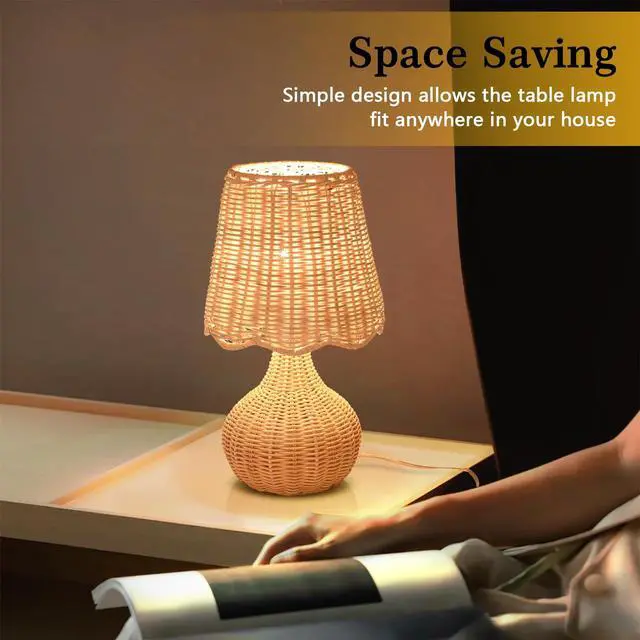 Alt view image 6 of 7 - Rattan Small Bedside Table Lamp for Bedroom, Boho Mini Table Lamps for Nightstand, Farmhouse Small Table Lamps for Small Spaces for Kitchen Counter, Bookshelf, Bedroom, Kids Dorm