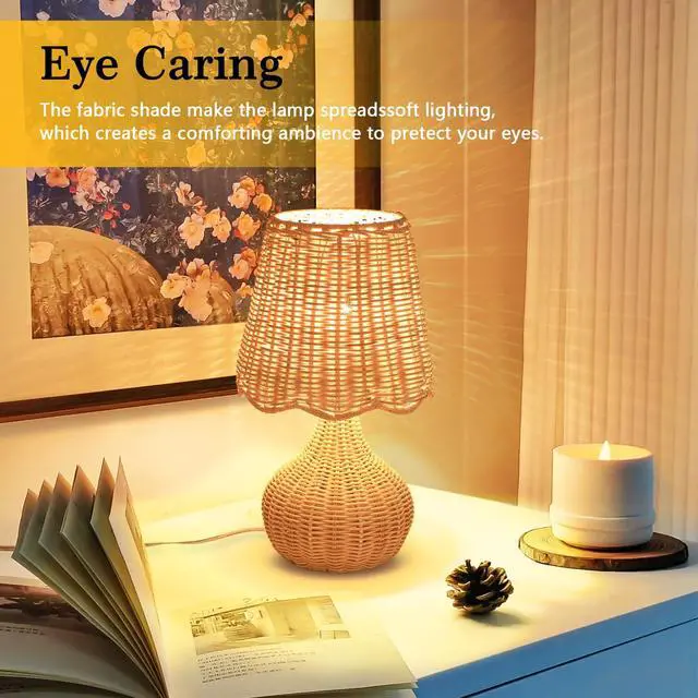 Alt view image 7 of 7 - Rattan Small Bedside Table Lamp for Bedroom, Boho Mini Table Lamps for Nightstand, Farmhouse Small Table Lamps for Small Spaces for Kitchen Counter, Bookshelf, Bedroom, Kids Dorm