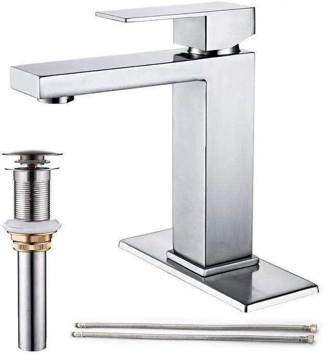Main image of Brushed Nickel Bathroom Faucet, Single Hole Vanity Bath Faucet, Single Handle Modern Stainless Steel Bathroom Faucets for Sink 1 Hole with Pop Up Drain Stopper & Water Supply Hoses