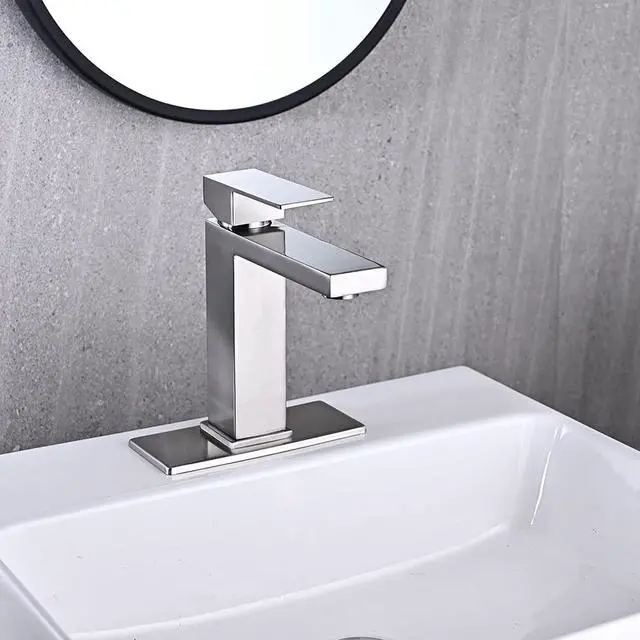 Alt view image 2 of 6 - Brushed Nickel Bathroom Faucet, Single Hole Vanity Bath Faucet, Single Handle Modern Stainless Steel Bathroom Faucets for Sink 1 Hole with Pop Up Drain Stopper & Water Supply Hoses