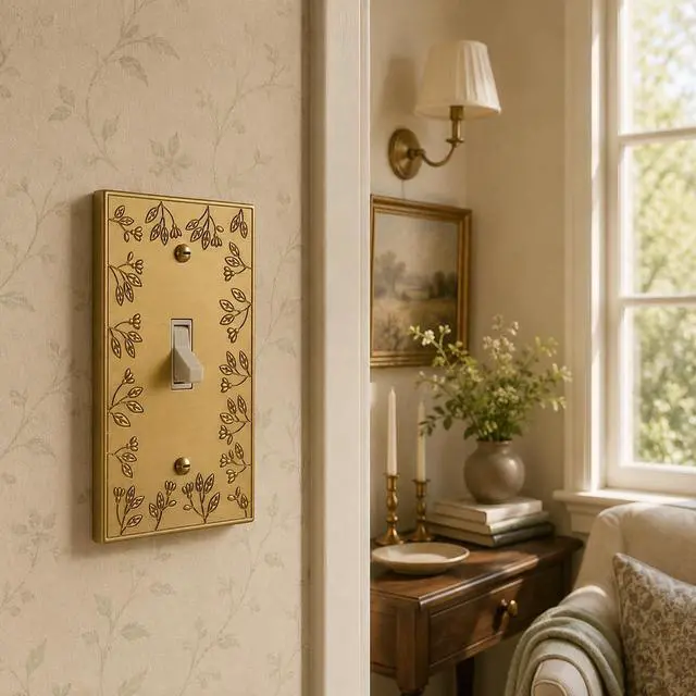Alt view image 2 of 7 - Gold Light Switch Cover Plate Toggle Brushed Gold Switch Plate Metal Decorative Floral Wall Plates Flip Switch Cover Floral Collection, Midsize 5.00" X 3.13"